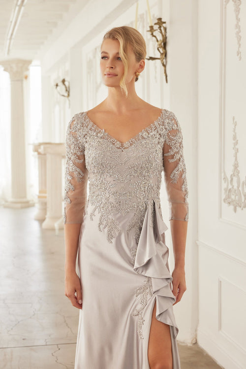 3/4 Sleeve Mother of the Bride Dress with Beaded Appliqués Formal Gown
