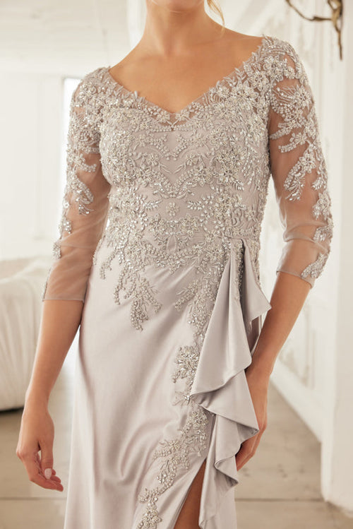 3/4 Sleeve Mother of the Bride Dress with Beaded Appliqués Formal Gown