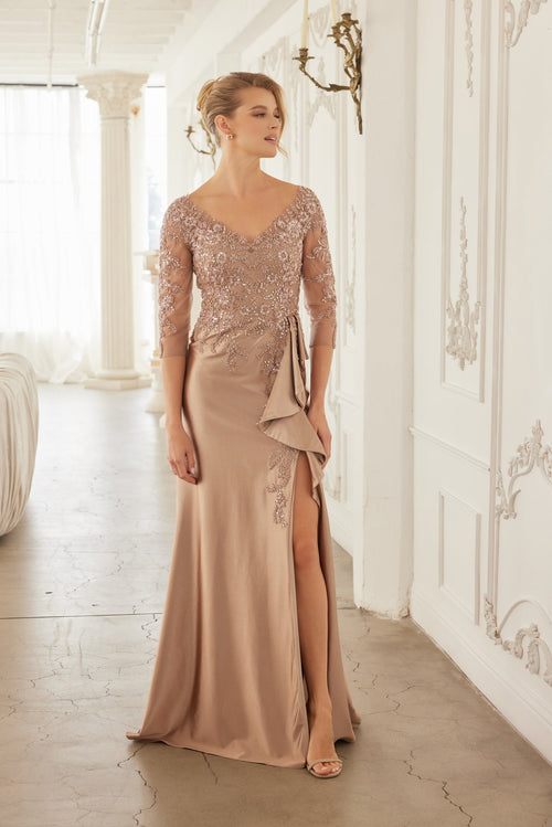 3/4 Sleeve Mother of the Bride Dress with Beaded Appliqués Formal Gown