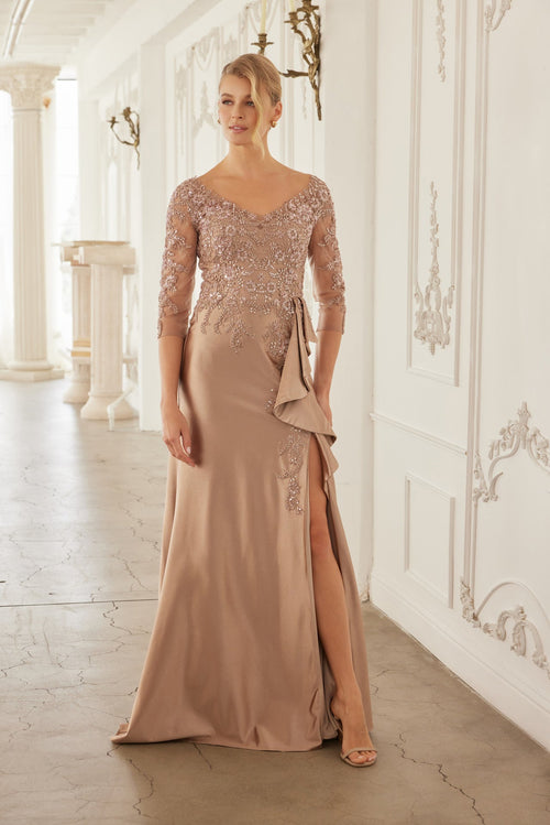 3/4 Sleeve Mother of the Bride Dress with Beaded Appliqués Formal Gown