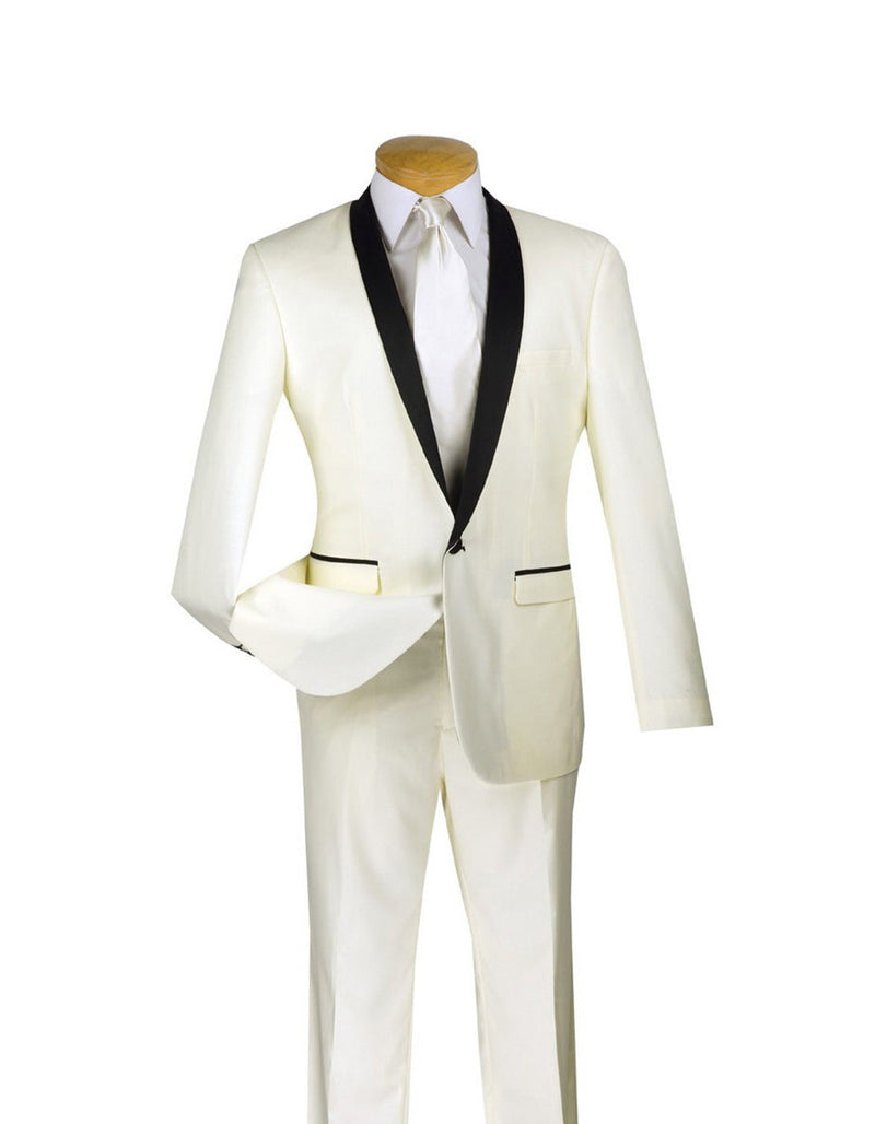 White Prom Suit - White Prom Tuxedo Suits - White Wedding Tuxedo Ivory & Black Shawl Tuxedo