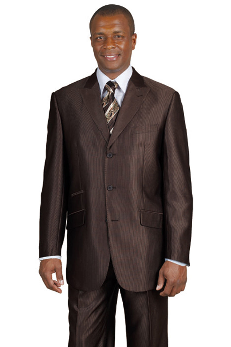 Mens 3 Button Peak Lapel Shiny Sharkskin Micro Pinstripe Suit in Brown by Fortino Landiin