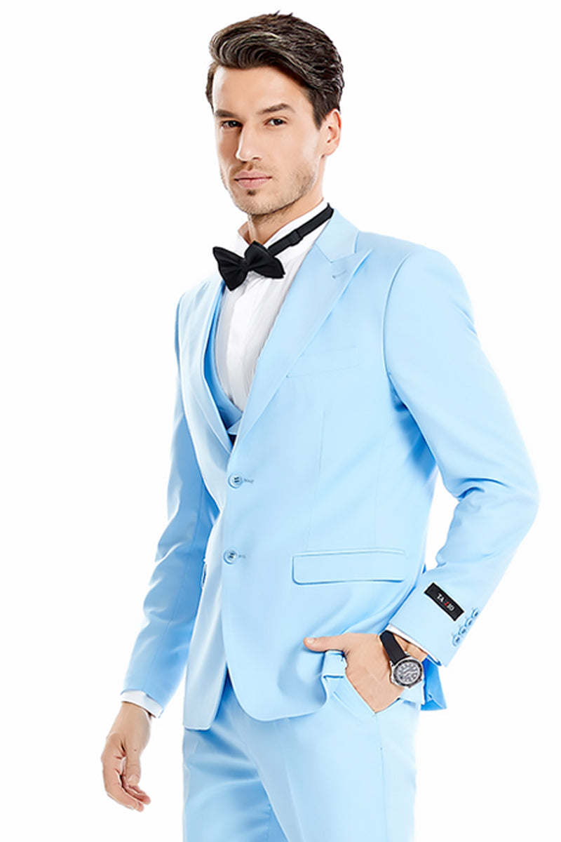 Men's Sky Blue Two Button Vested Suit for Weddings & Prom