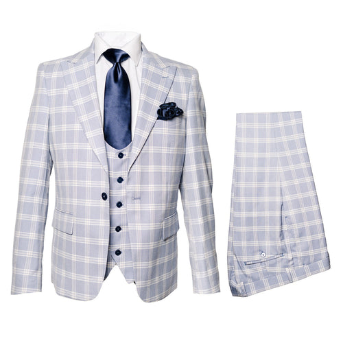 Mens Plaid Windowpane Business Suit - Light Blue
