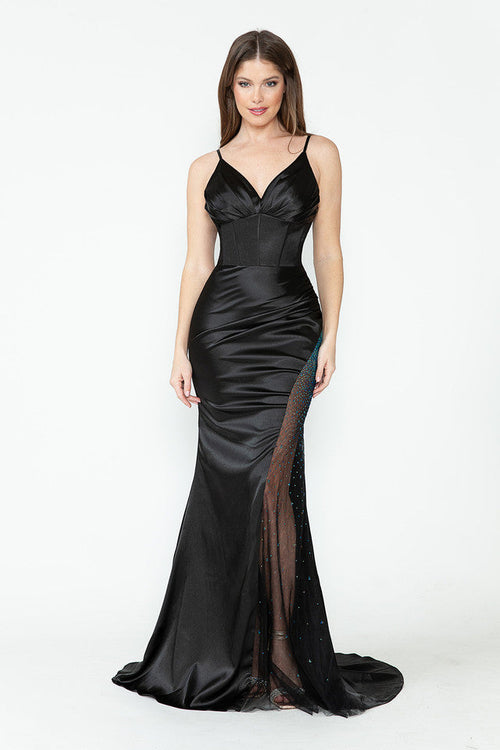 Satin V-Neck Corset Gown with Sheer Rhinestone Slit Formal Prom Dress By Lenovia 8231