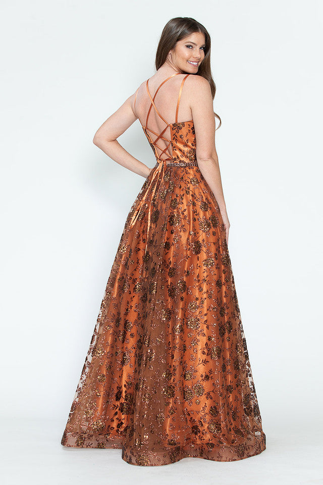 Glitter Embellished A-Line Gown with Corset Back & Stone Belt Formal Prom Dress by Lenovia 8235