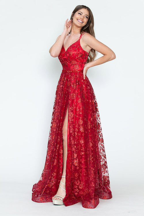 Glitter Embellished A-Line Gown with Corset Back & Stone Belt Formal Prom Dress by Lenovia 8235
