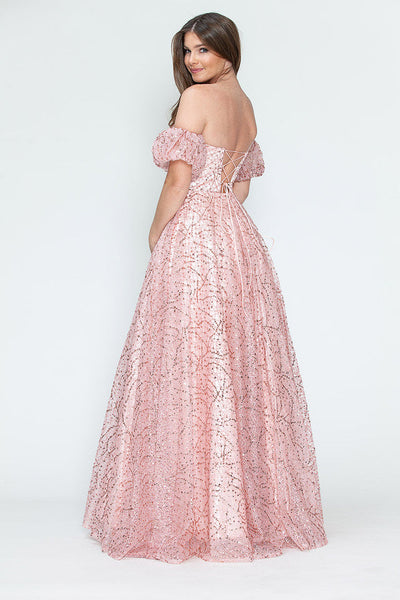 Glitter Tulle A-Line with Puff Sleeves Formal Evening Dress By Lenovia 8242