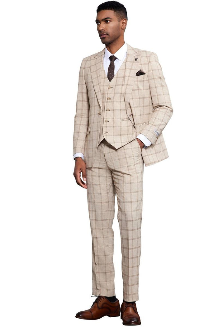 Men's Stacy Adams One Button Peak Lapel Vested Windowpane Plaid Suit in Tan