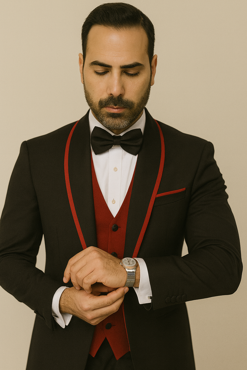 Statement Men's Black with Red Lapel Vested 100% Wool Tuxedo by menstuxedousain
