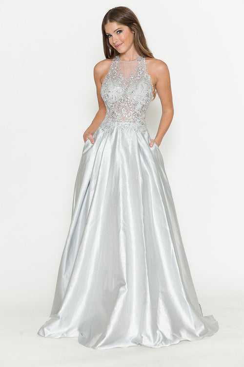 A-Line Gown with Sheer Lace Bodice & Halter Neckline By Lenovia 8181