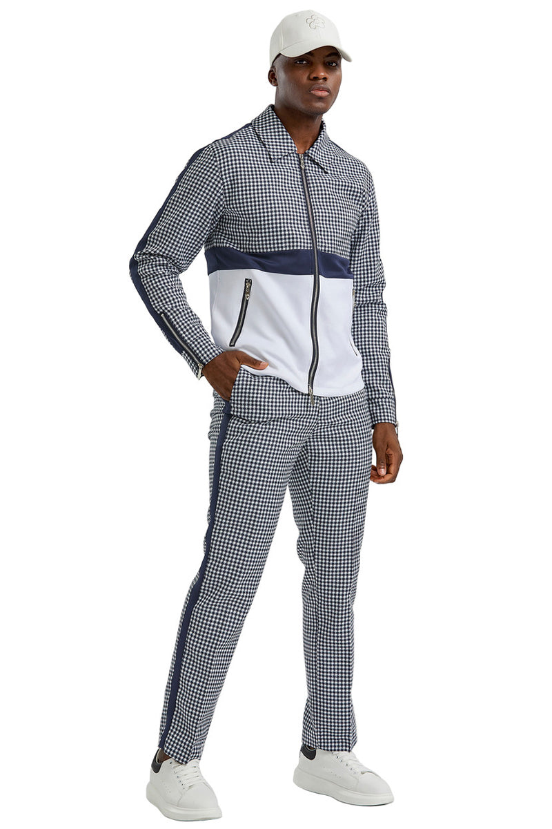 Men's Navy Blue Houndstooth Walking Suit Set