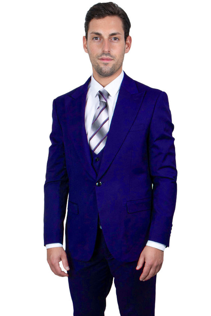 Men's Stately Indigo Blue Stacy Adams 1-Btn Vested Peak Lapel Suit
