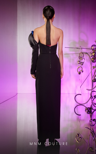 MNM Couture E0042 Blue/Black One-Shoulder Sculpted Sleeve Gown