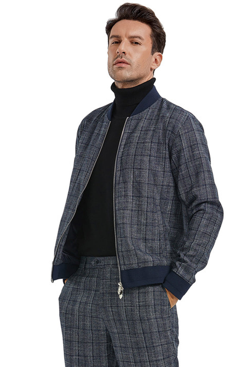 Men's Navy Plaid Track Suit Set in Slim Fit