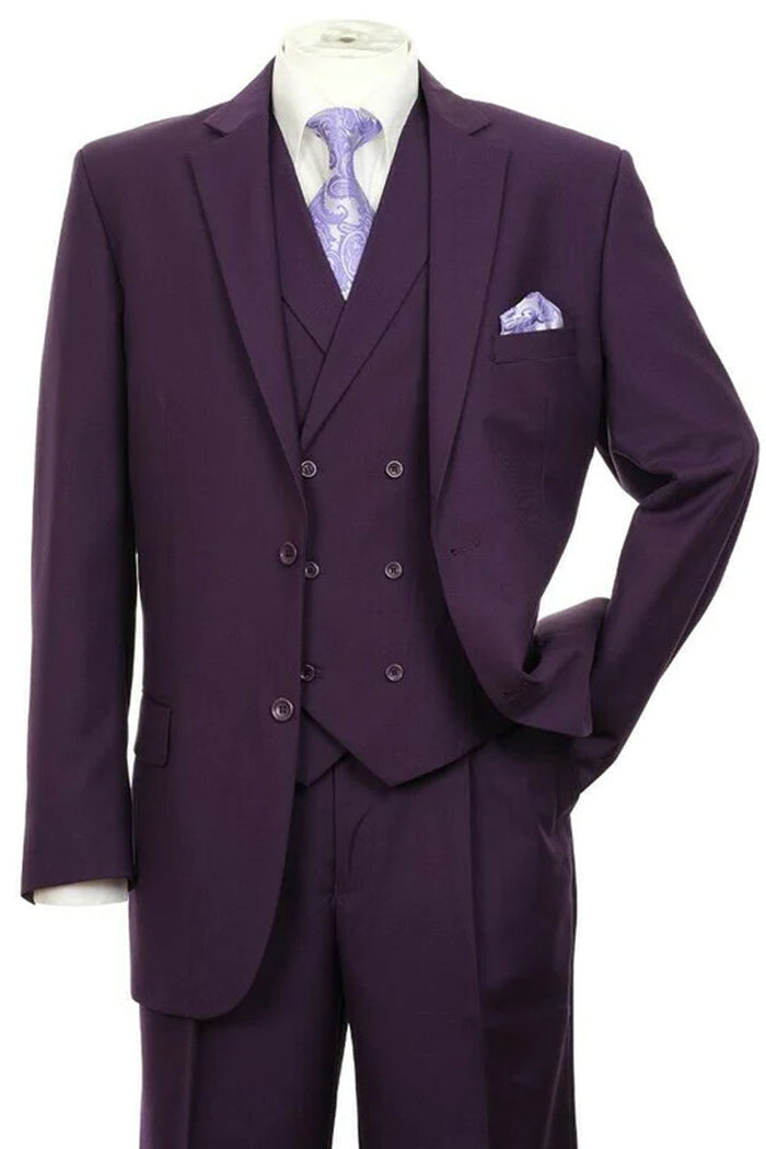 Mens 2 Button Fashion Suit in Purple With Double Breasted Vest by Fortino Landiin
