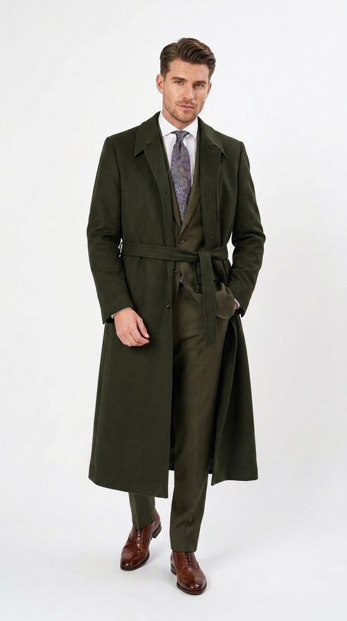 Men’s Blade Runner K Inspired Olive Green Wool Duster Coat – Long Vintage Sci-Fi Overcoat