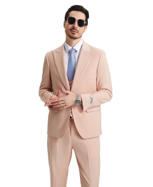 Stacy Adams Men’s Premium Blush Pink-Rose Gold Modern Fit Three Piece One Button Peak Lapel Suit