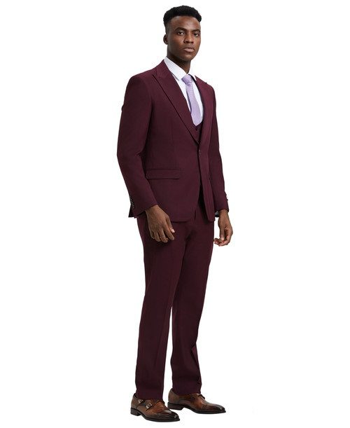 Stacy Adams Men’s Premium Burgundy-Maroon Modern Fit Three Piece One Button Peak Lapel Suit