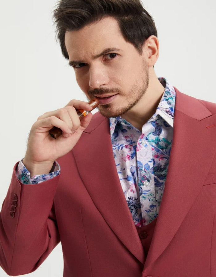 Men's One Button Peak Lapel Side Vent Flat Front Pant Suit in Coral Blush Pink by USA Men's Outlet