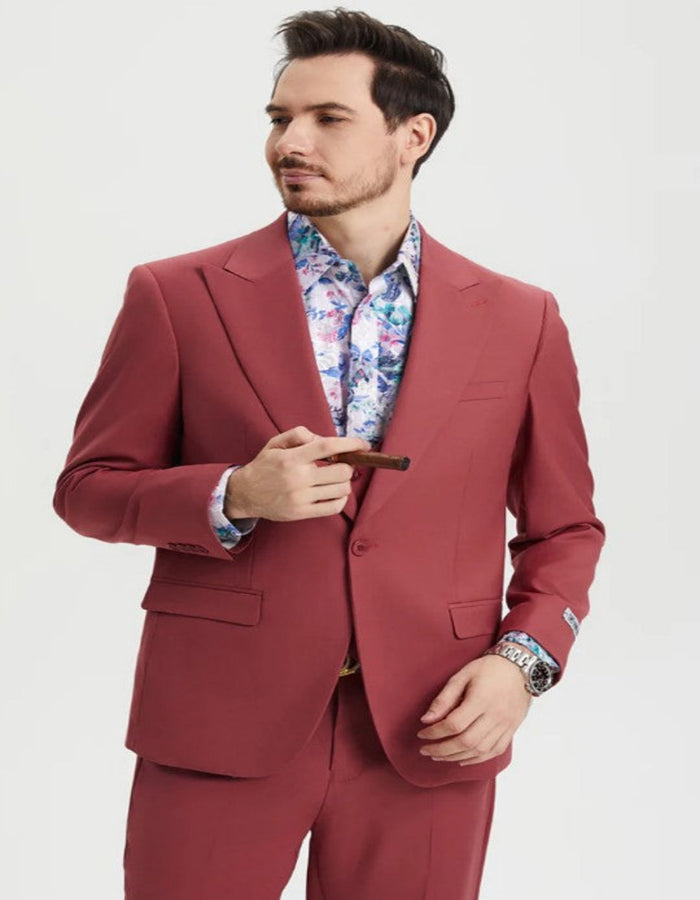 Men's One Button Peak Lapel Side Vent Flat Front Pant Suit in Coral Blush Pink by USA Men's Outlet