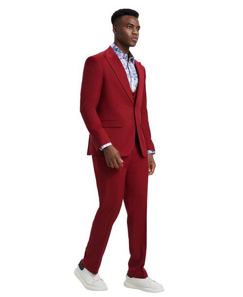 Stacy Adams Men’s Premium Cherry Red Modern Fit Three Piece One Button Peak Lapel Suit