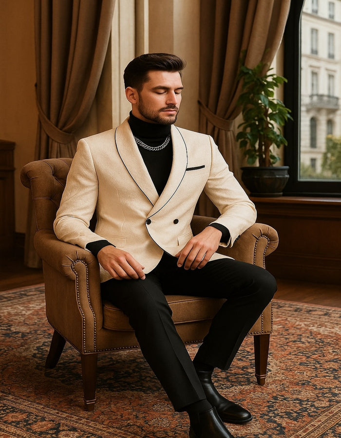 Men’s Cream Jacquard Double-Breasted Tuxedo with Black Trim - Formal Blazer for Weddings & Events Ivory Color USA Men's Outlet
