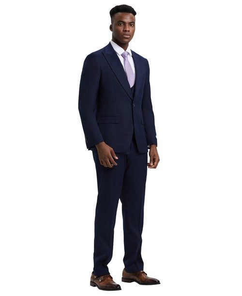 Stacy Adams Men’s Premium Navy Blue Modern Fit Three Piece One Button Peak Lapel Suit