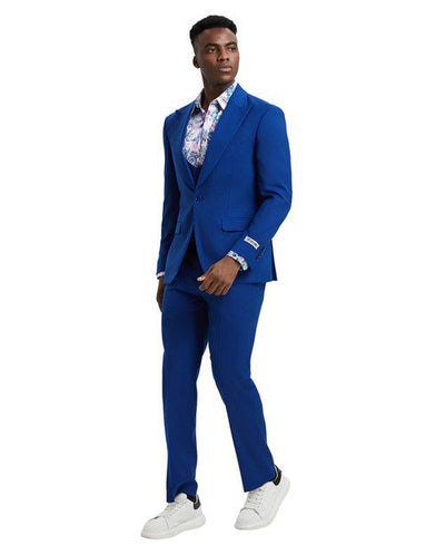 Stacy Adams Men’s Premium Royal Blue Modern Fit Three Piece One Button Peak Lapel Suit