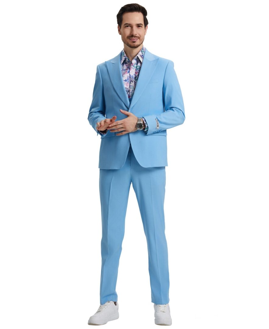 Stacy Adams Men’s Premium Sky Blue-Light Blue Modern Fit Three Piece One Button Peak Lapel Suit