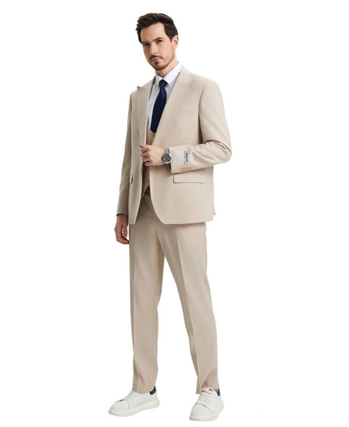 Stacy Adams Men’s Premium Tan-Beige Modern Fit Three Piece One Button Peak Lapel Suit