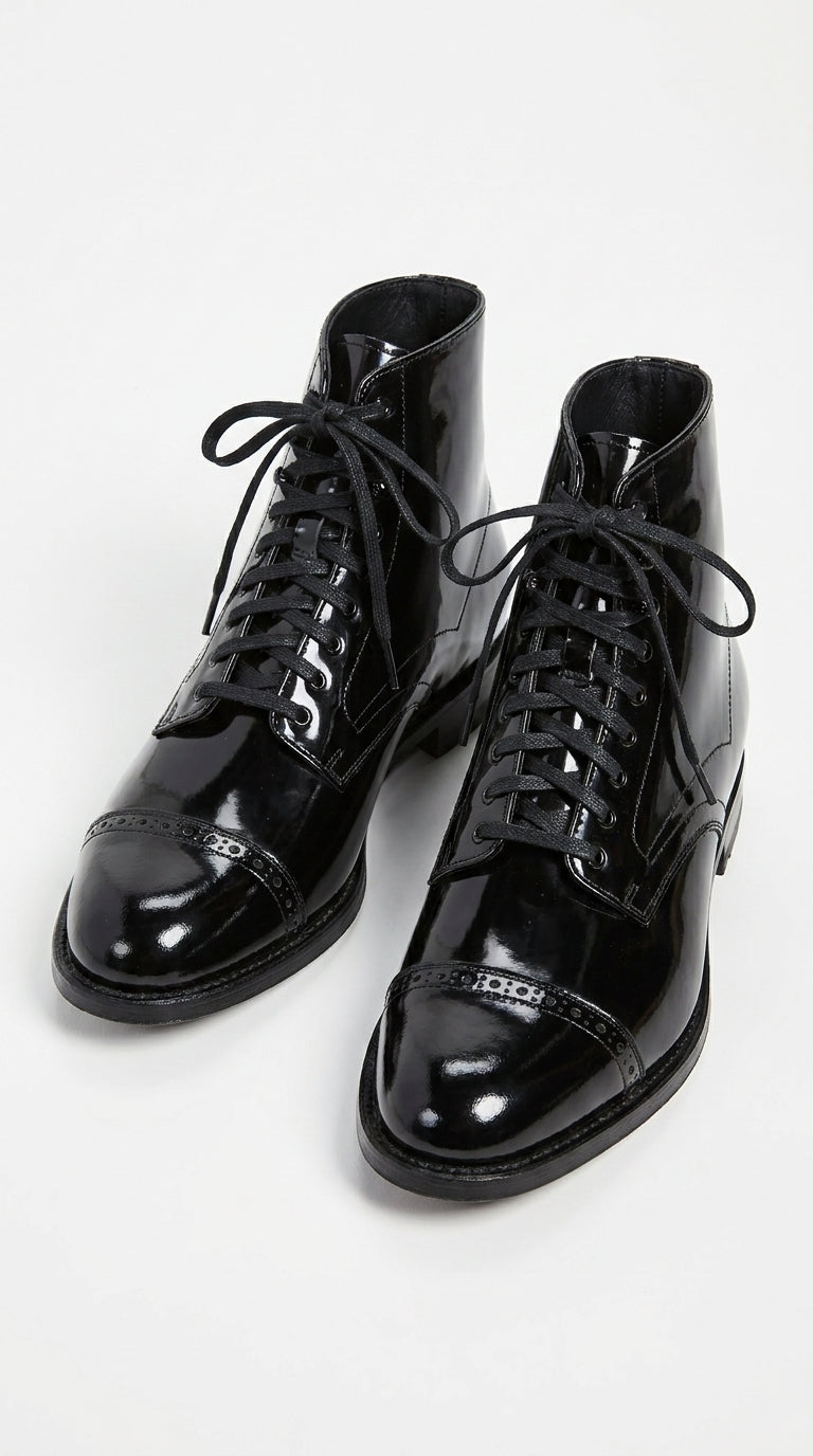 Men’s Black Lace-Up Leather Dress Boots – Vintage 1920s Peaky Blinders Cap Toe Boots in black color – SuitUSA