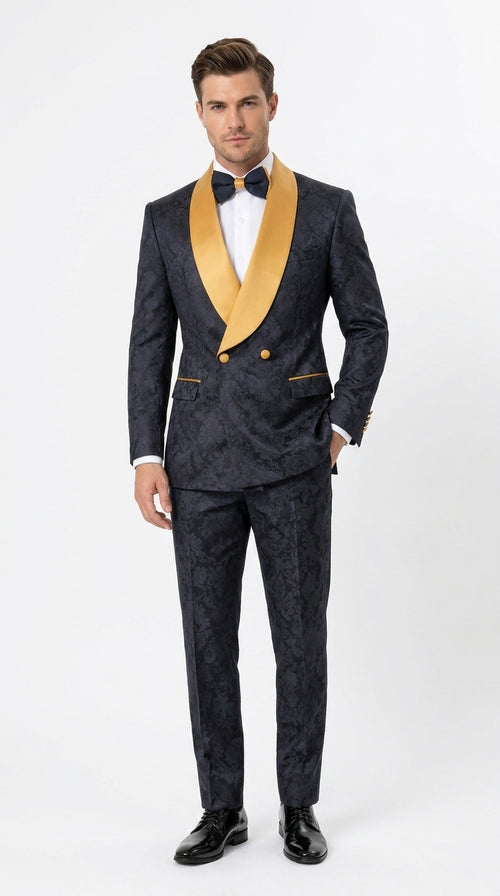 Men’s Black and Gold Hollywood Tuxedo – Double-Breasted Shawl Lapel Prom, Wedding and Formal Suit