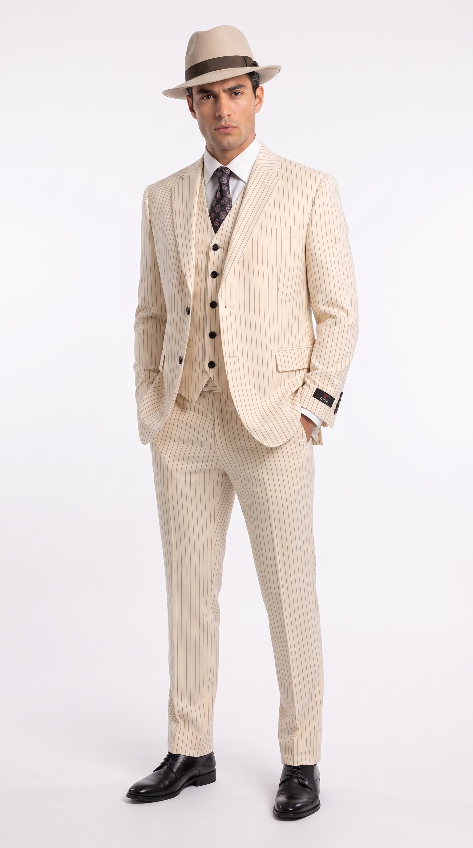 Men’s Ivory Cream Pinstripe Scarface Suit – Vintage Gangster Modern Fit 3-Piece Wedding Suit