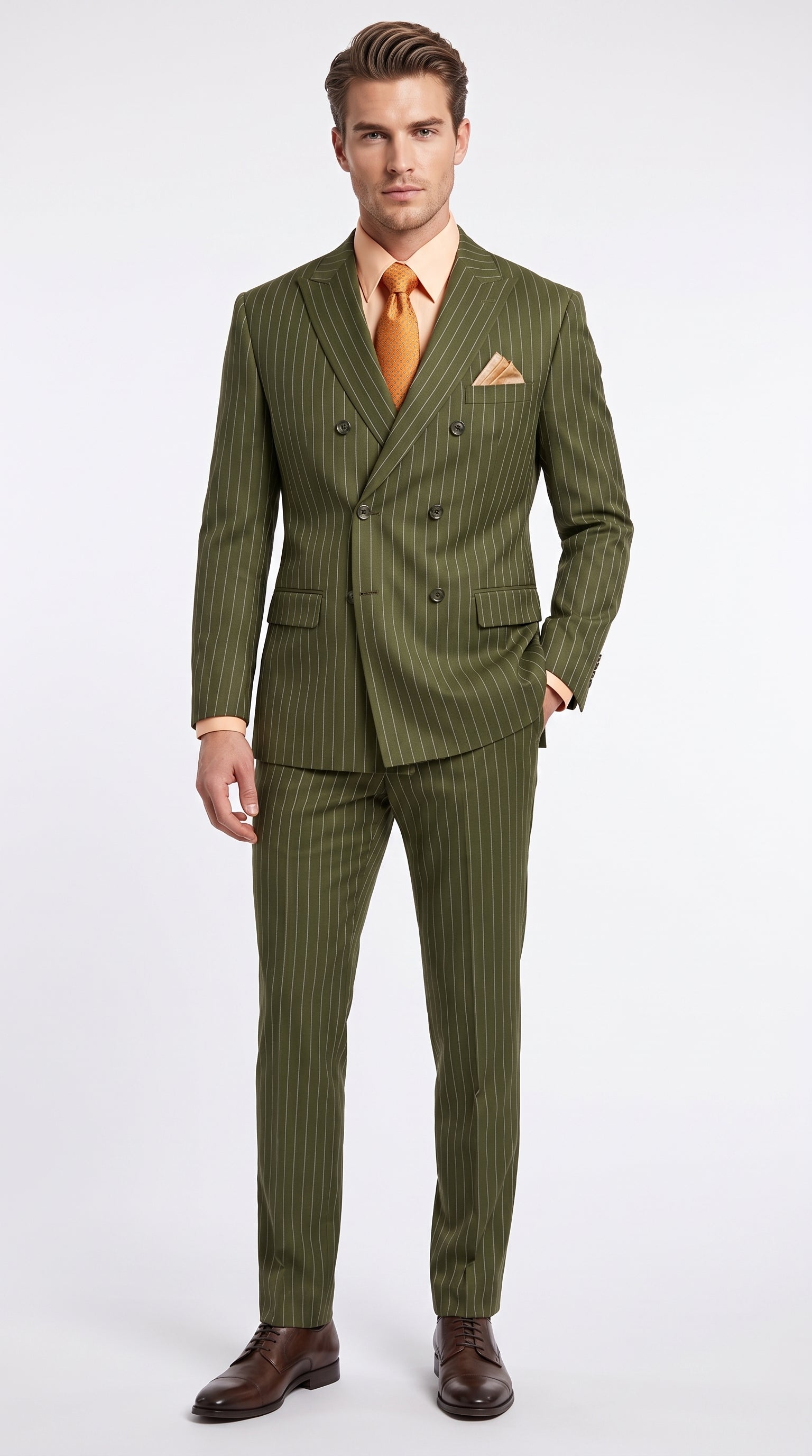 Men’s Olive Green Pinstripe Double-Breasted Suit – Classic Wedding, Business and Formal Suit