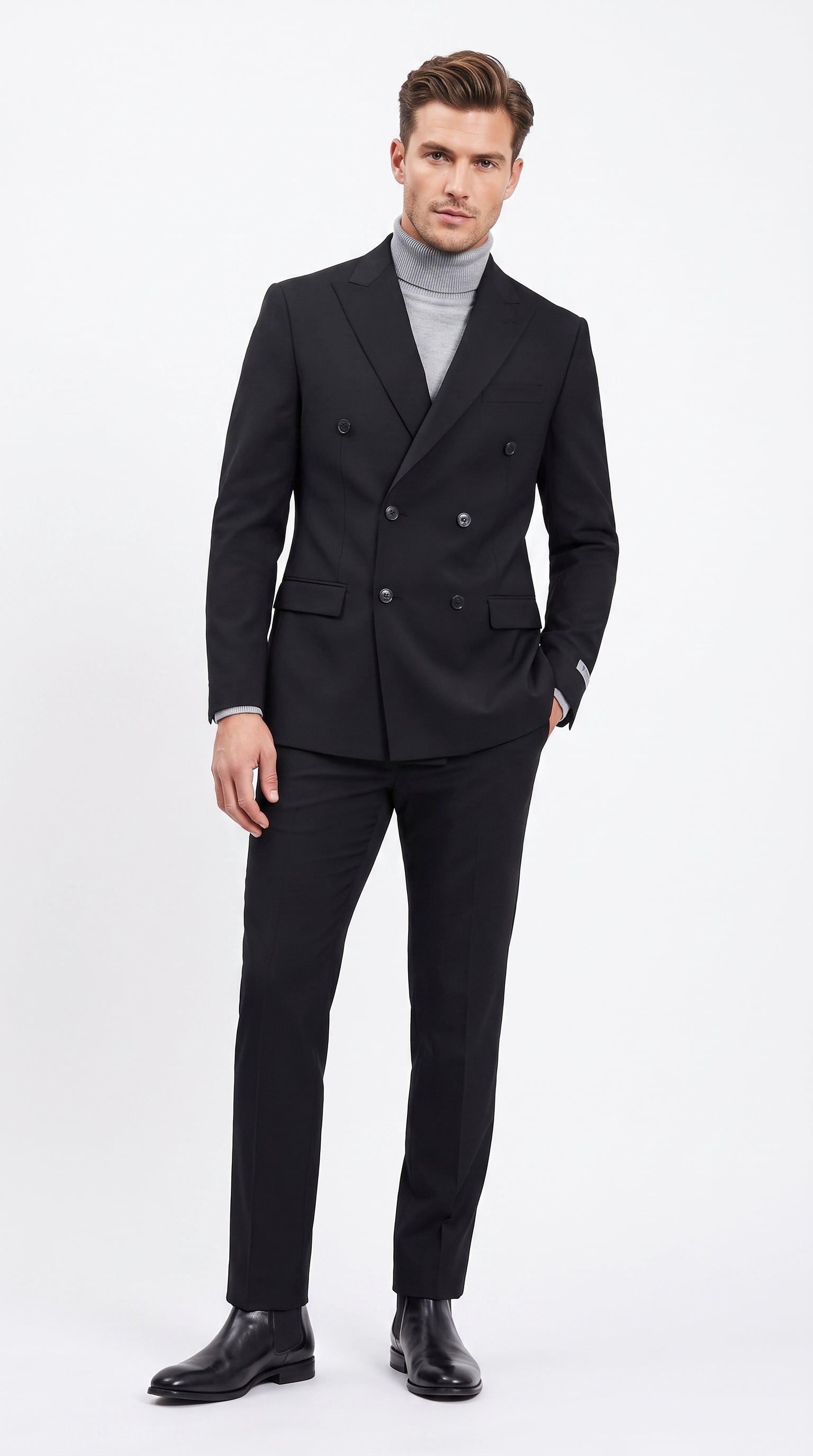 Men's Designer Stacy Adams Classic Double Breasted Suit in Black  Peak Lapel Slim fit