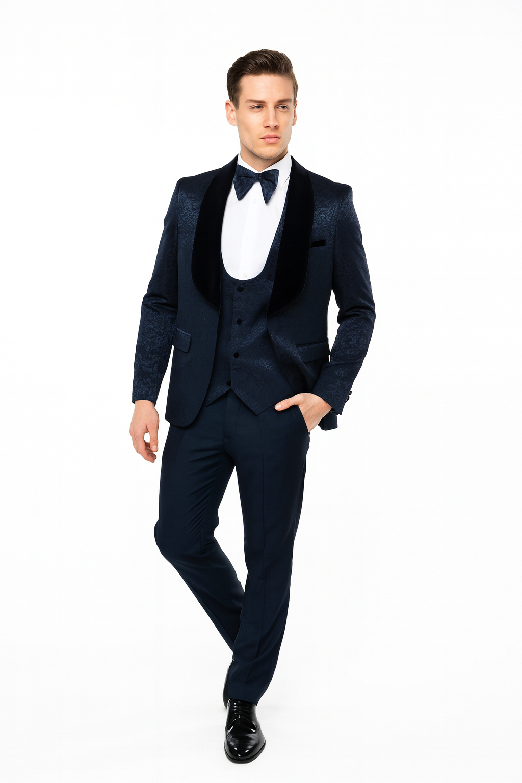 Men’s Navy Blue Jacquard Tuxedo with Black Velvet Shawl Lapel - 3 Piece Formal Suit with Bow Tie by USA Men's Outlet