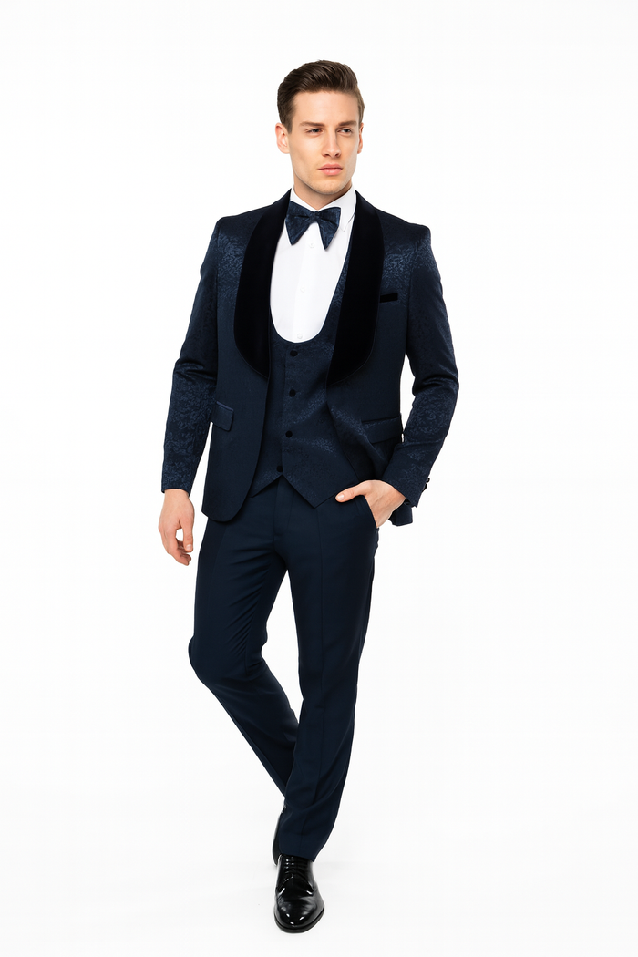 Men’s Navy Blue Jacquard Tuxedo with Black Velvet Shawl Lapel - 3 Piece Formal Suit with Bow Tie by USA Men's Outlet