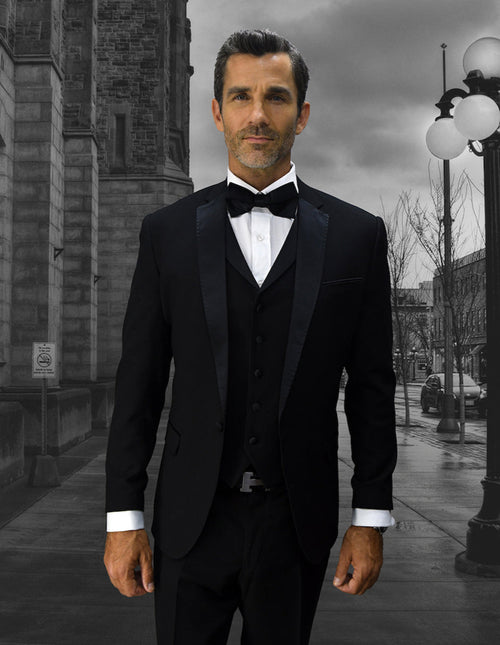 Mens Vested One Button Notch Lapel Wool Tuxedo in Black by Statement