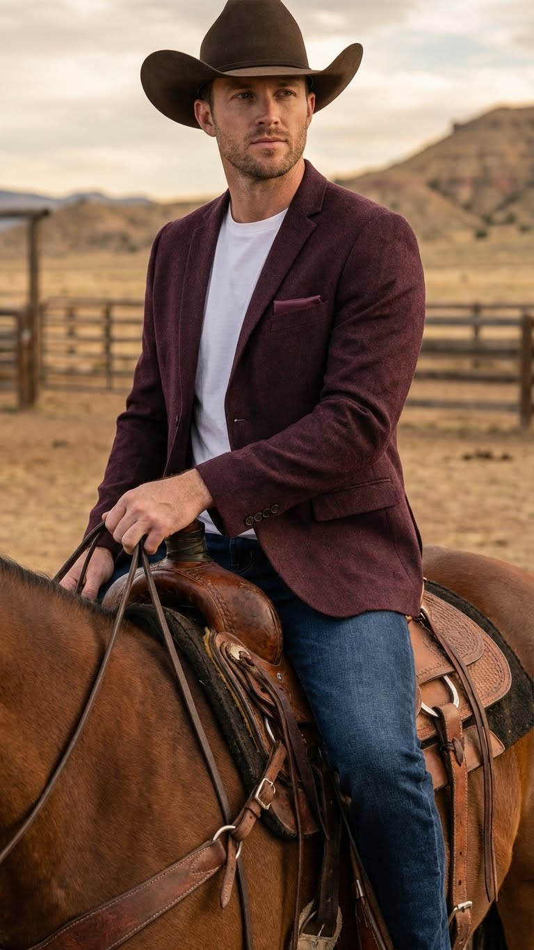 Men’s Burgundy Western  Blazer Jacket, Textured Cowboy Style Sport Coat for  - Tweed Herringbone Maroon Color