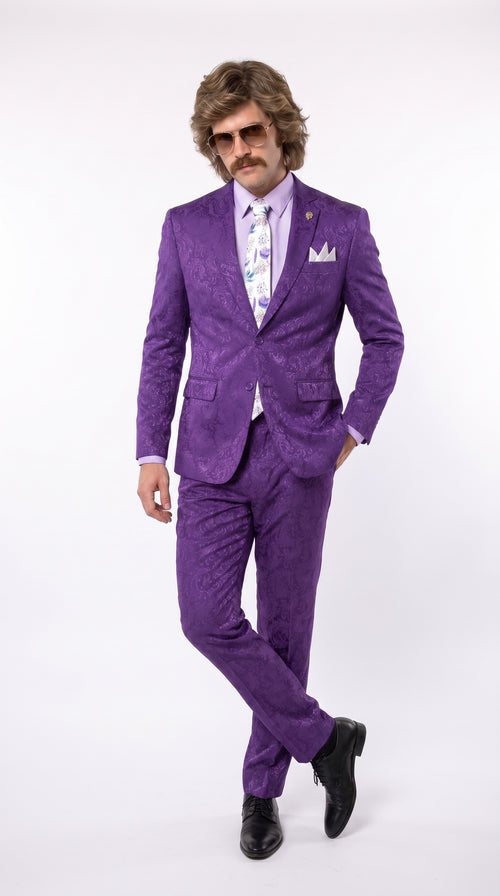 Men’s Purple Paisley 2-Piece Suit – 1970s Disco, Retro Rockabilly, Prom and Party Suit