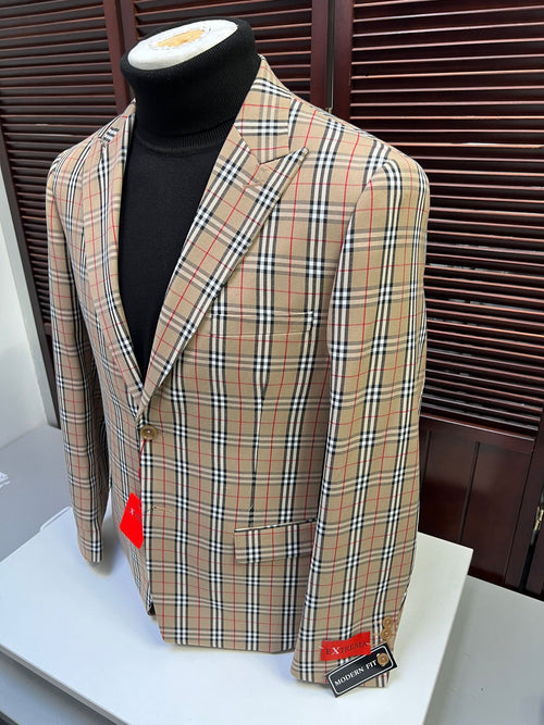 Classic Beige Checkered Blazer - Tan Plaid Sport Coat - Camel Windowpane Pattern by USA Men's Outlet