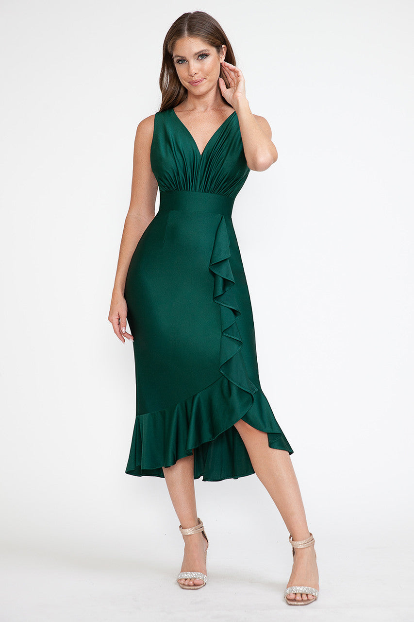 Lenovia 5280 Ruffled High Low Stretch Midi Dress with Open Back
