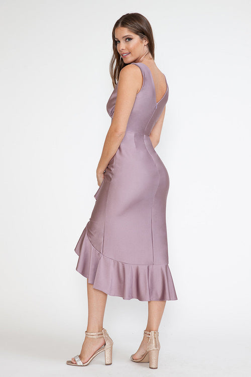 Lenovia 5280 Ruffled High Low Stretch Midi Dress with Open Back
