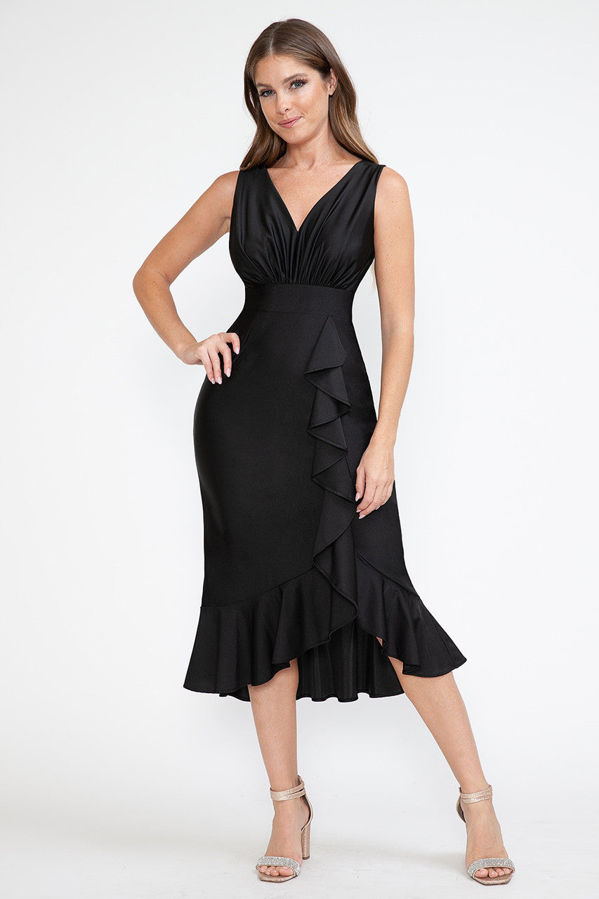 Lenovia 5280 Ruffled High Low Stretch Midi Dress with Open Back