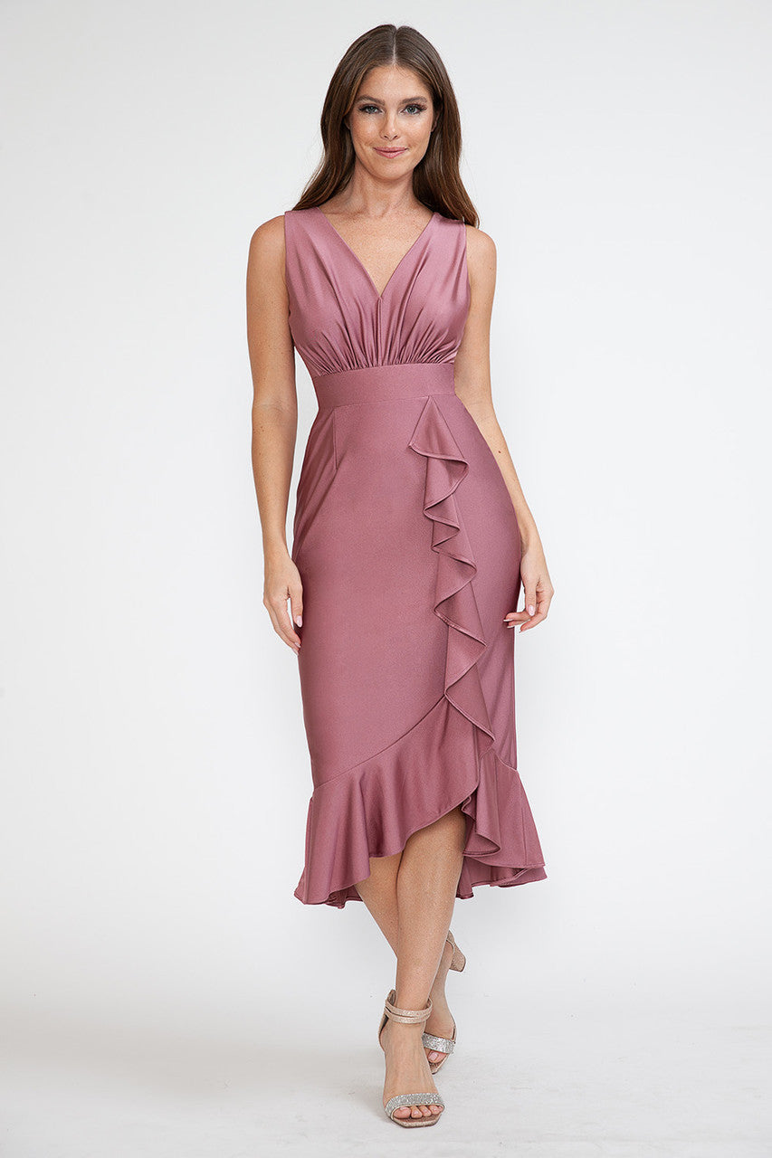 Lenovia 5280 Ruffled High Low Stretch Midi Dress with Open Back