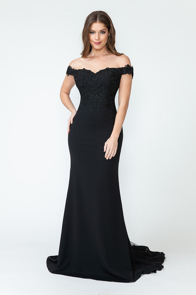 Off-Shoulder Lace Embroidered Mermaid Gown with Sheer Train By Lenovia 8134