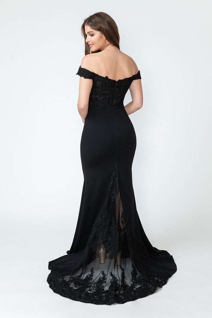 Off-Shoulder Lace Embroidered Mermaid Gown with Sheer Train By Lenovia 8134