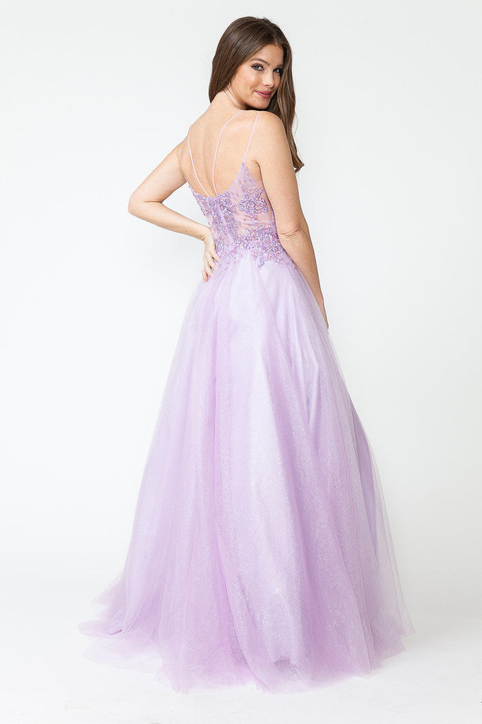 Glitter Tulle A-Line Gown with Floral Lace Appliqué Bodice and Double Spaghetti Straps Prom Dress By Lenovia 8182