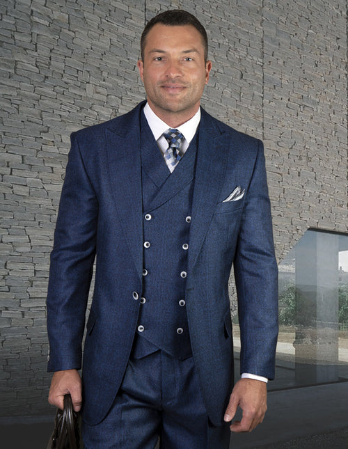 Mens One Button Wool Wide Peak Lapel Vested Pleated Pant Suit in Sapphire by Statement